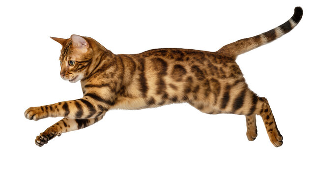 Bengal cat with spotted and striped fur running, isolated on transparent background