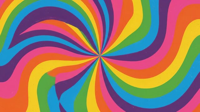 A retro 70s striped background pulses with abstract rainbow waves in a vintage hippie groove design.