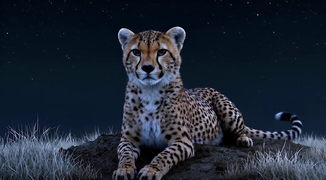 Majestic cheetah sitting on a hill at night, wild african cat under a starry sky, spotted predator resting in the savanna wilderness