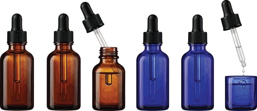 Collection of amber and blue glass dropper bottles with black caps for essential oils or serums isolated on white background