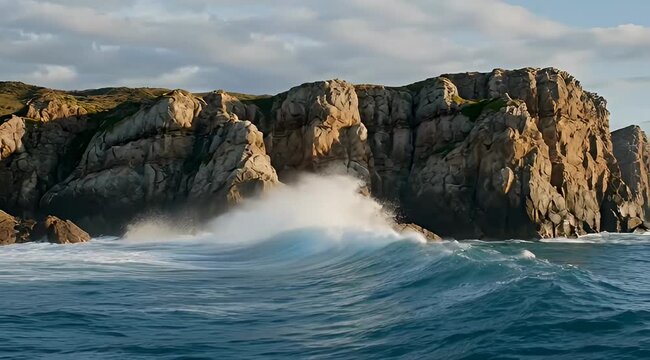 Cinematic ocean waves crashing against rocky cliffs, powerful sea surf splashing on coastal rocks, dramatic marine landscape at sunset
