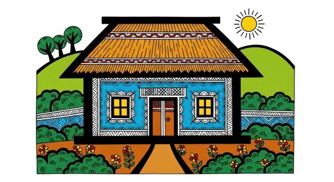 A colorful house with a thatched roof and a garden