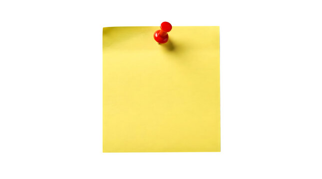 A clean empty yellow sticky note paper attached with a bright red pushpin ready for important messages or quick reminders isolated on transparent back