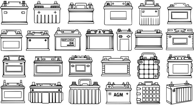 Automotive Car Batteries Black and White Line Art Collection. Vehicle Power Accumulators Set, Deep Cycle and AGM Battery Icons for Electrical Systems.
