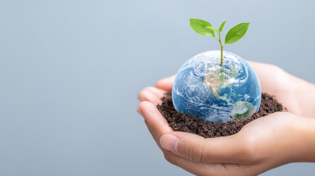 Woman hands holding globe with growing plant in soil. Environmental protection and sustainability concept. Ecology awareness campaign for earth day. Future world conservation project.