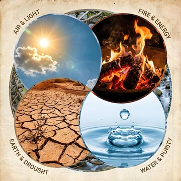 Four elements concept air fire earth water environmental balance climate change nature forces drought sunlight flame and water purity visual