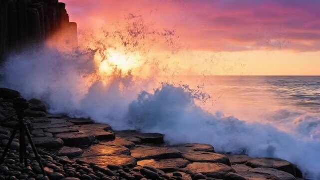 Epic sunrise over ocean waves crashing against hexagonal basalt columns with professional camera