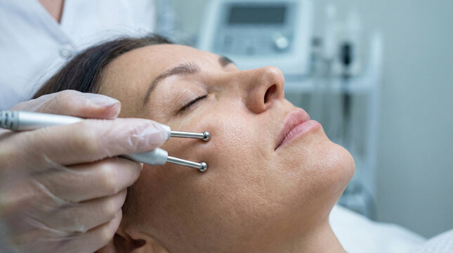 Middle-aged woman receiving professional microcurrent facial treatment in clinic