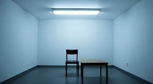 Cinematic interrogation room with single chair and table, cold blue lighting in empty concrete cell, eerie institutional interior for crime drama