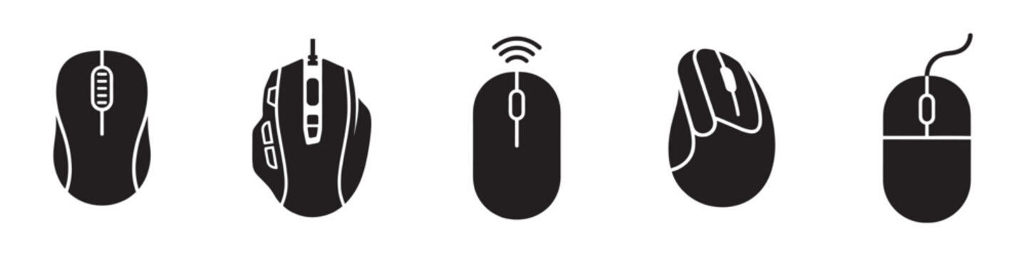 Computer mouse and gaming controllers solid icon set. PC hardware and peripheral accessories. Vector Illustration.	
