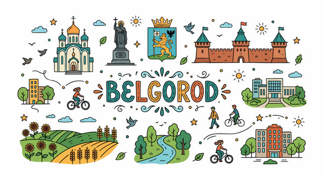 Belgorod Cityscape Doodle Art - Landmarks, Nature, People