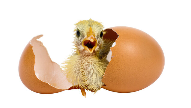 Fluffy yellow chick hatching from a brown egg, isolated on transparent background