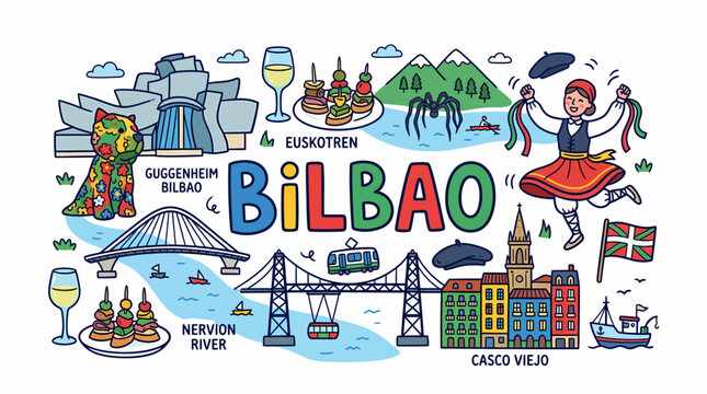 Bilbao Cityscape: Landmarks, Culture, and Food Illustration