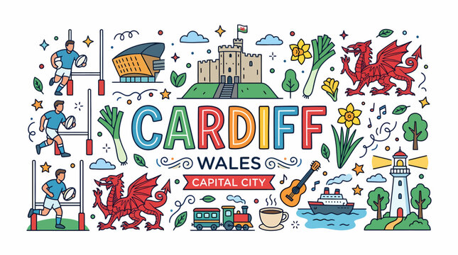 Cardiff Wales Capital City Vector Illustration - Rugby, Castle, Dragon