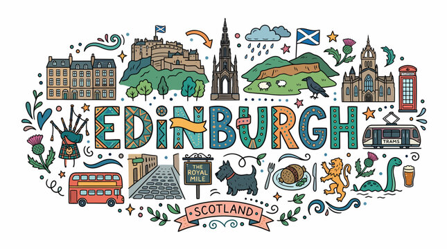 Edinburgh City Illustration - Landmarks and Symbols of Scotland