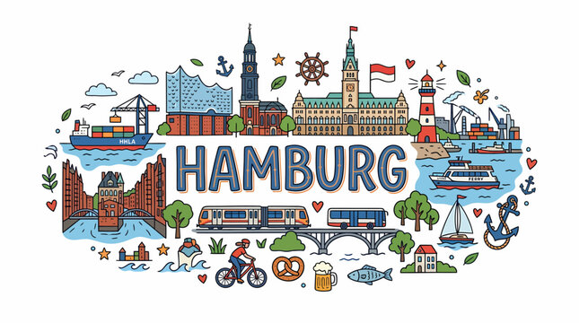 Hamburg skyline illustration with landmarks and city life