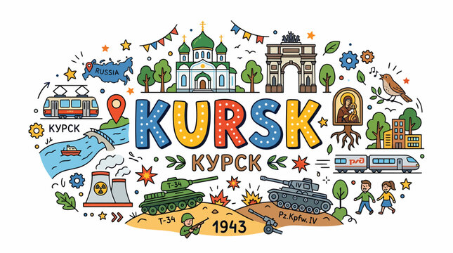 Kursk City Landmarks and Symbols Doodle Art