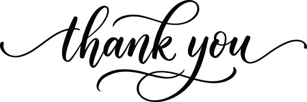 Thank you message in elegant black cursive script font isolated on transparent background
