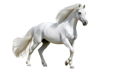 Obraz premium Majestic white horse with flowing mane and tail, galloping dynamically isolated on transparent background