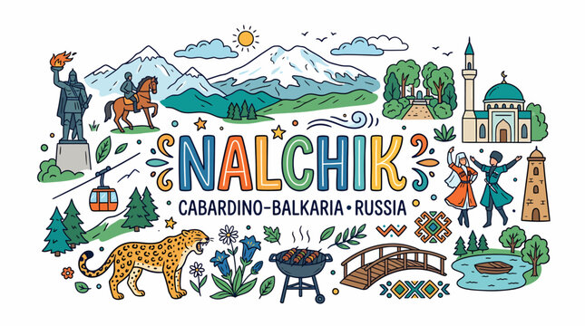 Nalchik, Kabardino-Balkaria, Russia - Travel Doodle Art