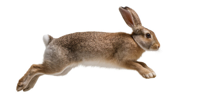 Brown rabbit mid-leap, isolated on transparent background