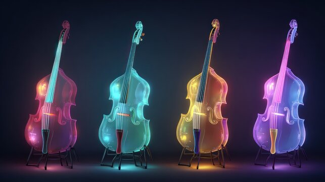 Four ethereal, glowing double basses stand on stands against a dark, soft background