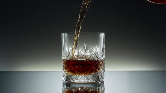 Decanter pouring aged tawny port into a crystal glass with slow motion effect. featuring whiskey, drink, alcohol with beverage and wine elements for