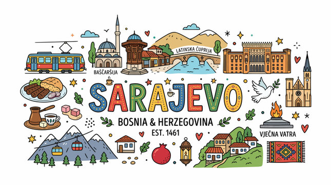 Sarajevo Bosnia Herzegovina Cityscape Doodle Art - Travel Landmark