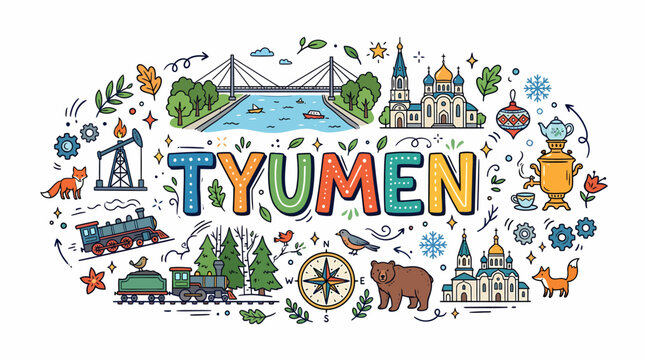 Tyumen City Icons Collage Doodle Art