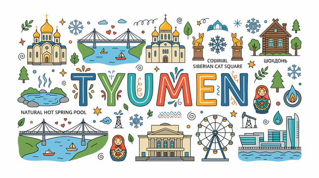 Tyumen City Landmarks and Symbols Vector Illustration