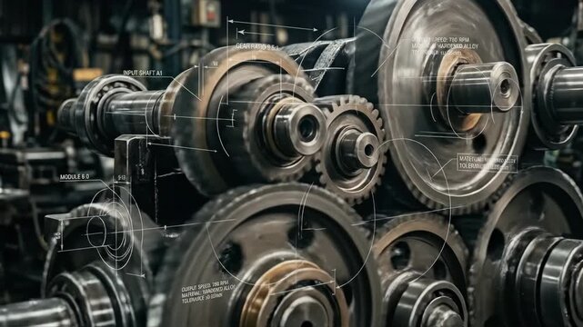 A dynamic mechanical engineering scene with interlocking metal gears and cogwheels, industrial textures and blueprint-like overlays adding depth and structure, dramatic lighting emphasizing metallic