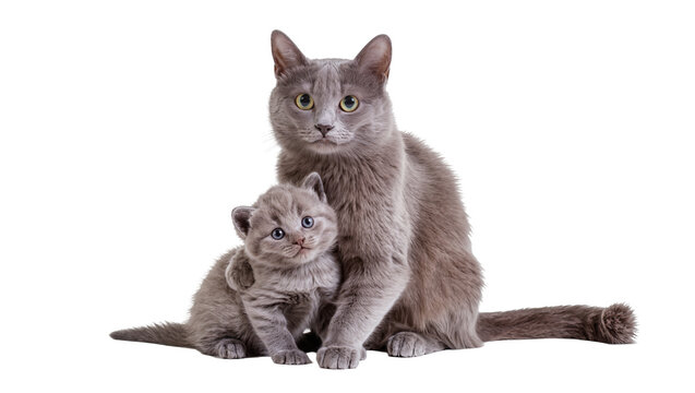 Adult Russian Blue cat with kitten, isolated on transparent background