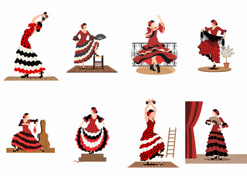 Collection of flat vector illustrations of female flamenco dancers in traditional red and black polka dot dresses, featuring various poses and props.
