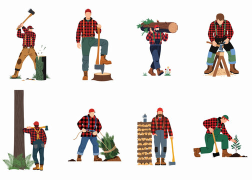 Flat vector illustration set of lumberjacks in red plaid shirts performing various forestry tasks like chopping wood, carrying logs, and planting trees.