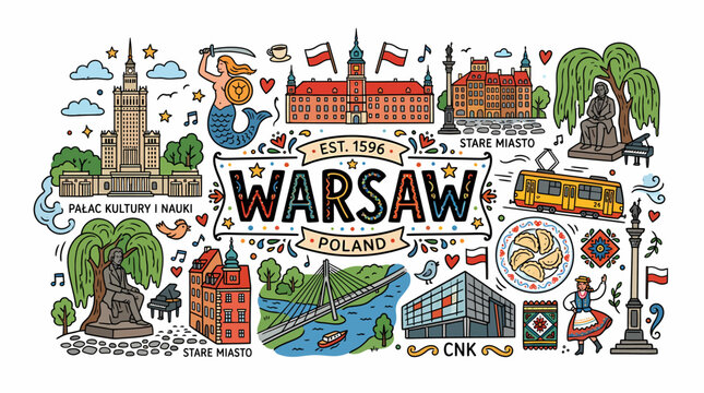 Warsaw Poland Cityscape Doodle Art with Landmarks