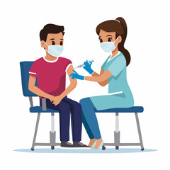 Fototapeta premium Nurse administering vaccine injection to patient wearing mask with doctor s offi