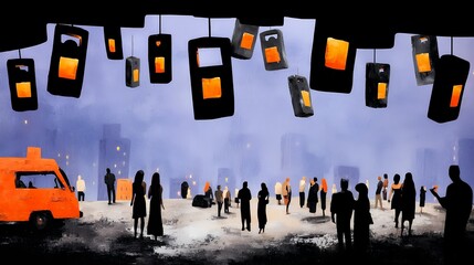 Obraz premium crowd gathers under suspended glowing rectangles in city