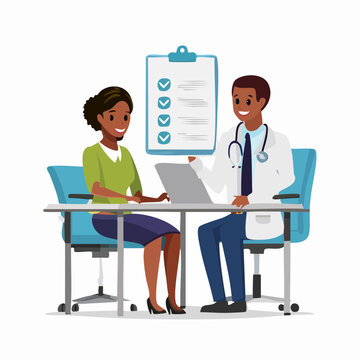 Doctor and female patient reviewing checklist on clipboard with doctor s office