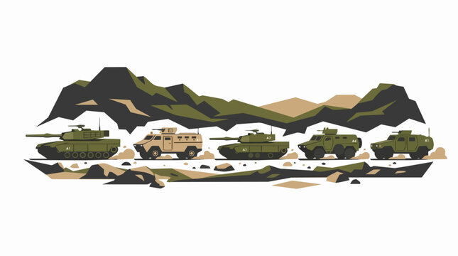 Minimalist flat vector illustration of an armored military convoy