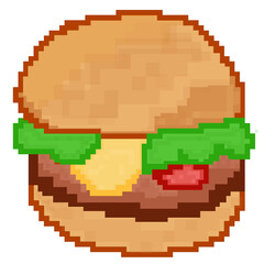 Fototapeta premium Burger Pixel Art Icon Fast Food Illustration
