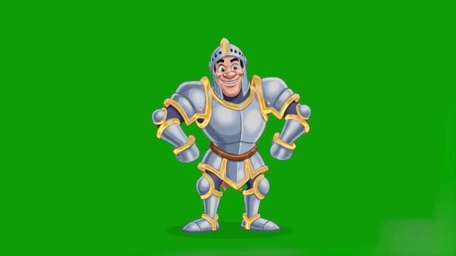 A cheerful cartoon knight in full medieval plate armor is performing a dance move against a green screen background. This character is perfect for fantasy-themed children's videos, medieval games, or 