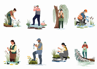 Set of flat vector illustrations featuring environmental scientists and ecologists conducting field research and collecting water samples in various wetland ecosystems. © dewi