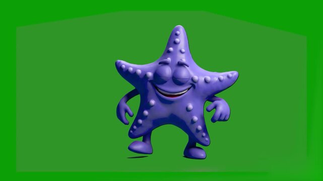 A funny 3D animated purple starfish monster character with a cheerful smile dancing energetically. The stylized sea creature asset is isolated on a solid chroma key green screen background.