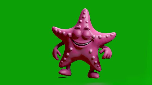 A friendly pink 3D animated starfish character with big eyes performing a dance. It moves its arms and smiles, set against a solid green background for digital compositing in sea-themed or children&rsquo;s 