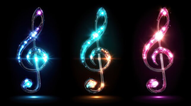 Three glowing musical treble clefs, with colored light flares, isolated on black backdrop