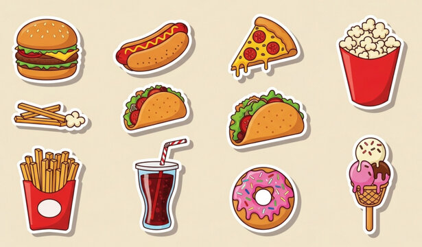 Cartoon Fast Food Stickers Collection &ndash; Burger, Pizza, Taco and Popcorn Vector Icons