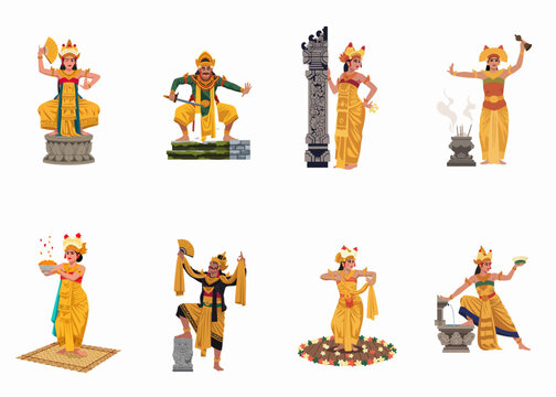 Collection of traditional Balinese dancers and cultural figures in ornate costumes performing various poses and rituals, isolated on a white background.
