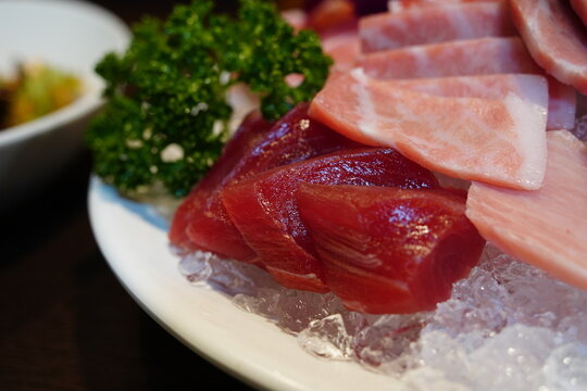 Close up of fresh red tuna akami and marbled otoro sashimi on ice