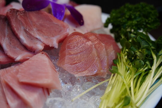 Close up of premium bluefin tuna otoro sashimi on ice with radish sprouts