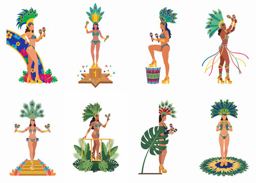 Collection of diverse Brazilian carnival dancers wearing colorful costumes with peacock feathers and holding maracas.